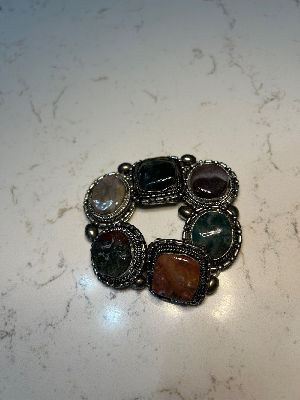 Chunky Mixed Stones Stretch Bracelet - silver tone